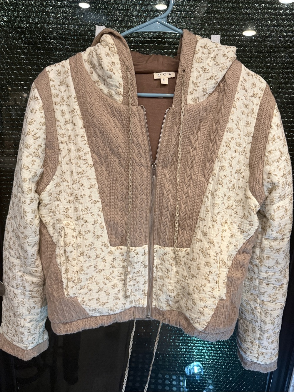 POL Hooded Patchwork Quilted & Cable-Knit Jacket in Cream and Taupe